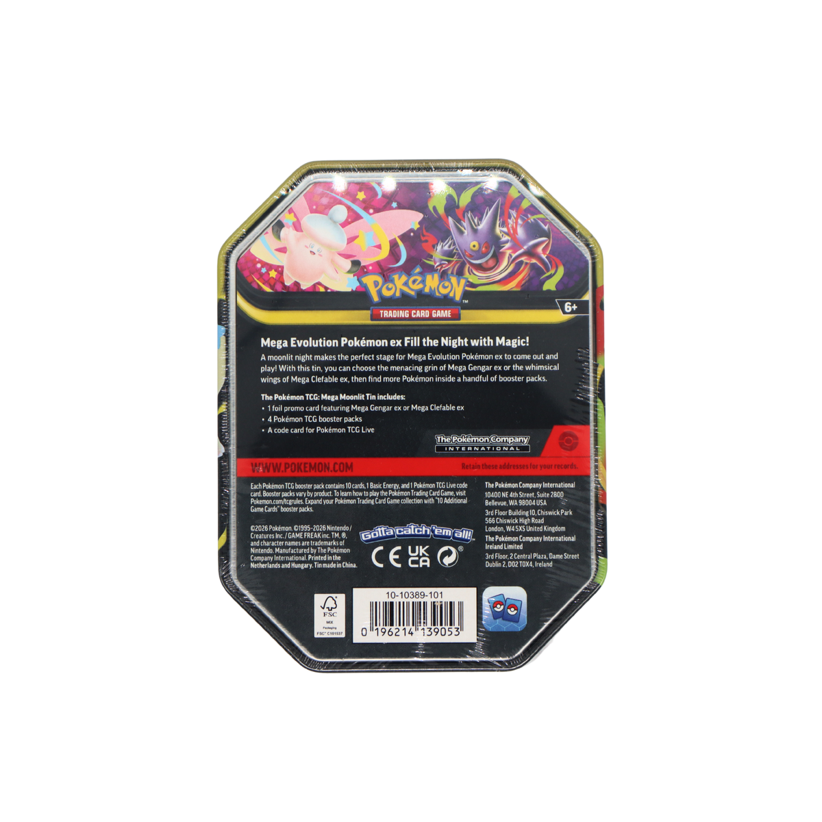 Achterkant van Pokémon Mega Moonlit Tin met Mega Clefable ex