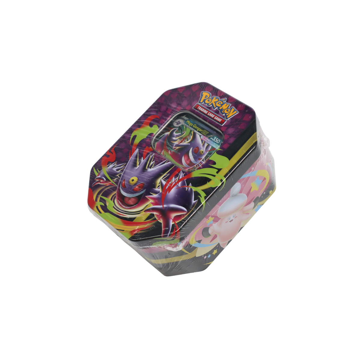 Schuine productfoto van Pokémon Mega Moonlit Tin met Mega Gengar ex