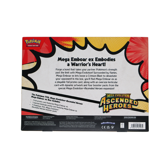 Achterkant van Pokémon Mega Evolution Ascended Heroes Mega Emboar ex Box met productinformatie