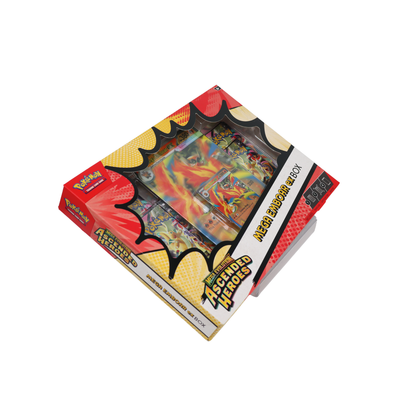 Schuin vooraanzicht van Pokémon Mega Evolution Ascended Heroes Mega Emboar ex Box