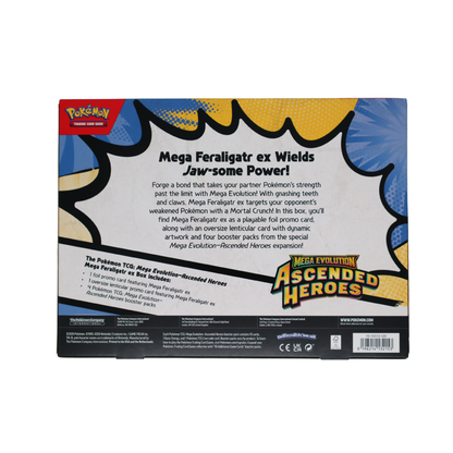 Achterkant van Pokémon Mega Evolution Ascended Heroes Mega Feraligatr ex Box met productinformatie