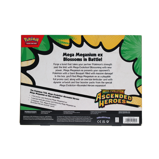 Achterkant van Pokémon Mega Evolution Ascended Heroes Mega Meganium ex Box met productinformatie