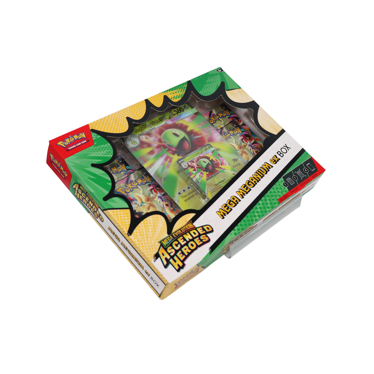 Pokémon Mega Evolution Ascended Heroes Mega Meganium ex Box vanuit schuine hoek