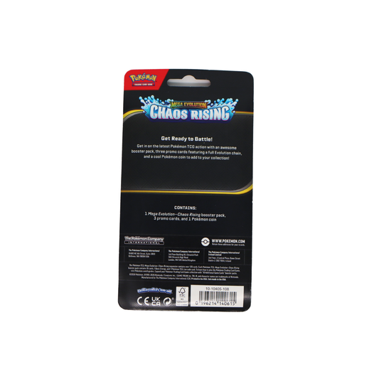 Achterkant van Pokémon Mega Evolution Chaos Rising checklane blister met productinformatie