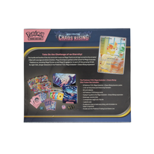 Achterkant van Pokémon Mega Evolution Chaos Rising Elite Trainer Box met inhoudsoverzicht
