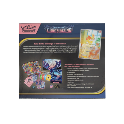Achterkant van Pokémon Mega Evolution Chaos Rising Elite Trainer Box met inhoudsoverzicht