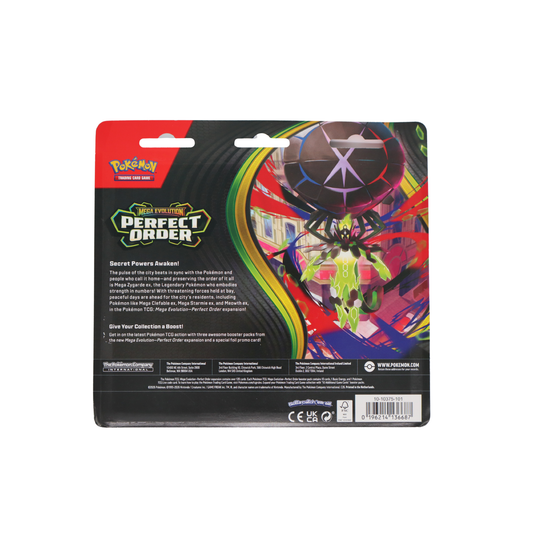 Achterkant van Pokémon Mega Evolution Perfect Order 3-pack blister met productinformatie