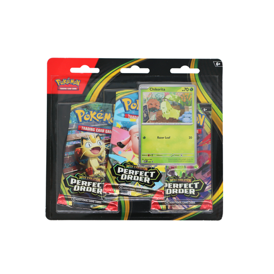 Pokémon Mega Evolution Perfect Order 3-pack blister met Chikorita promo kaart en drie booster packs