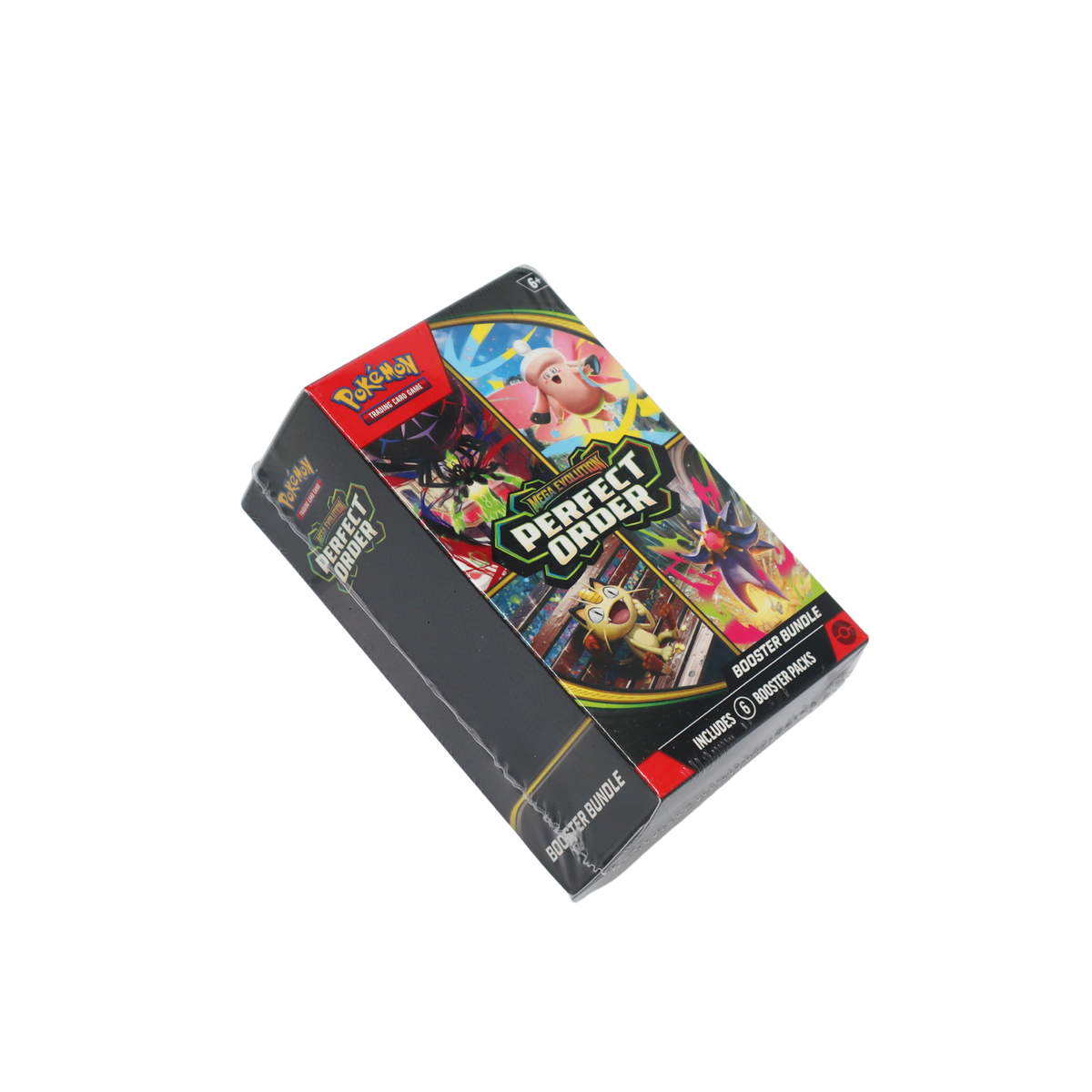 Schuin vooraanzicht van Pokémon Mega Evolution Perfect Order Booster Bundle met 6 booster packs