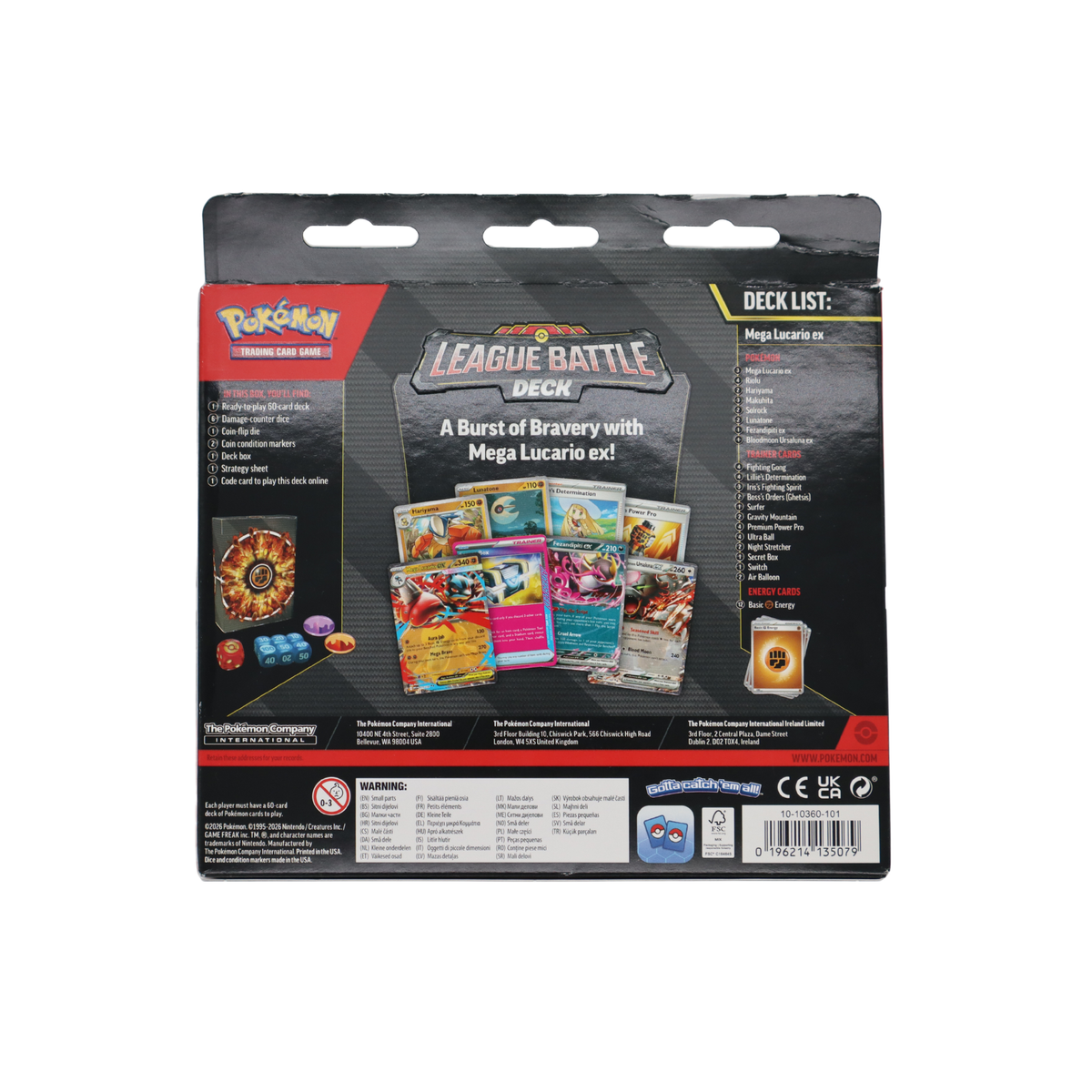 Achterkant van Pokémon Mega Lucario ex League Battle Deck met decklijst en inhoud