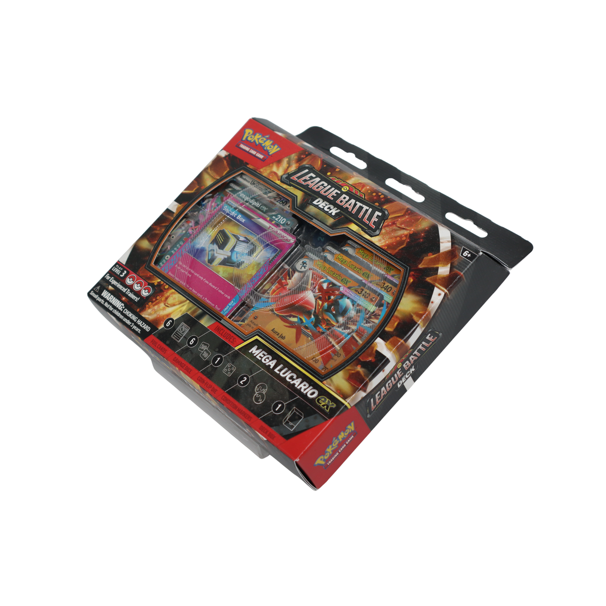 Pokémon Mega Lucario ex League Battle Deck schuin vooraanzicht in verpakking