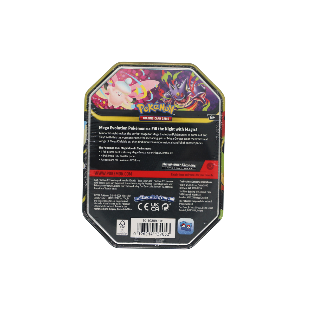 Achterkant van Pokémon Mega Moonlit Tin met Mega Gengar ex