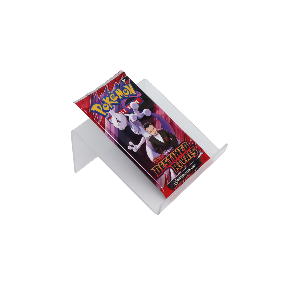 Schuine productfoto van Pokémon Scarlet & Violet Destined Rivals booster pack met Mewtwo