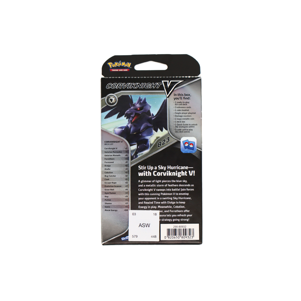 Achterkant van Pokémon TCG Corviknight V Battle Deck met decklijst en inhoud