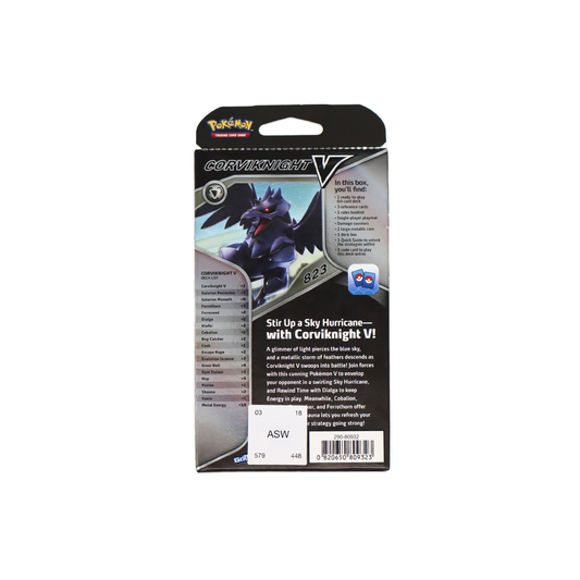 Achterkant van Pokémon TCG Corviknight V Battle Deck met decklijst en inhoud