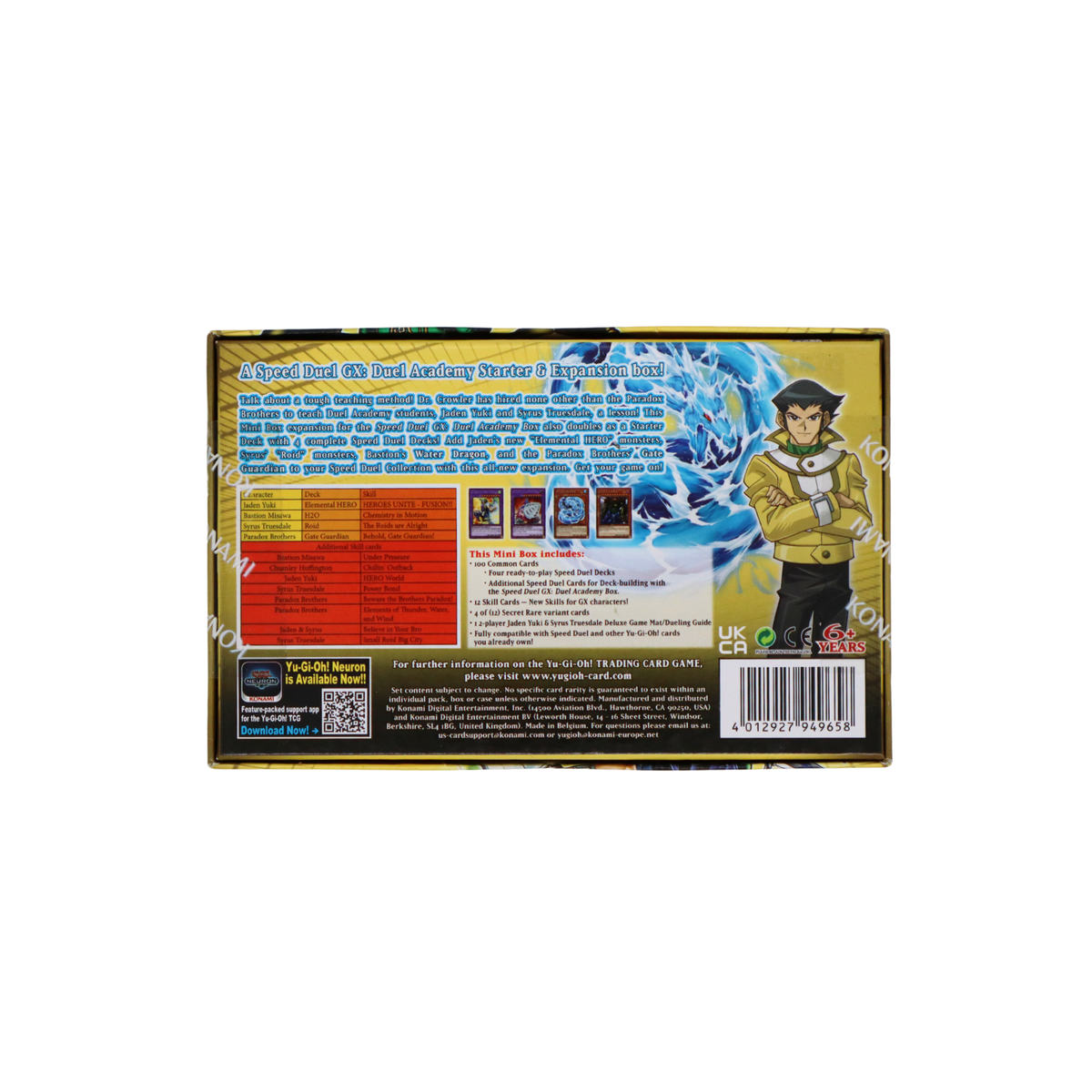 Achterkant van Yu-Gi-Oh! Speed Duel GX Midterm Paradox Mini Box met inhoudsoverzicht